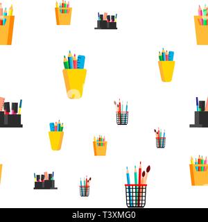 Stationery Seamless Pattern Vector. School, Business Office Icon. Pen, Pencil. Cute Graphic Texture. Textile Backdrop. Cartoon Colorful Background Stock Vector