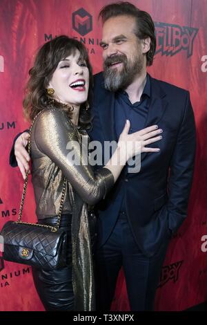 April 10, 2019 - Toronto, Ontario, Canada - Actors MILLA JOVOVICH and DAVID HARBOUR attend the 'Hellboy' Canadian Premiere at Scotiabank Theatre in Toronto. (Credit Image: © Baden Roth/ZUMA Wire) Stock Photo