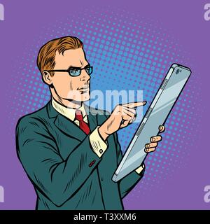 businessman and smartphone with large screen. Pop art retro vector illustration vintage kitsch 50s 60s Stock Vector