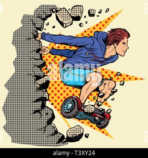 extreme teenager on hoverboard breaks the wall . Pop art retro vector illustration vintage kitsch 50s 60s Stock Vector