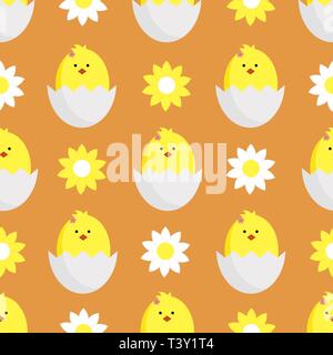 decorating textiles, packaging and wallpapers for children. Seamless vector illustration with daisies,chamomile and chickens on orange background. Stock Vector