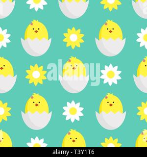 decorating textiles, packaging and wallpapers for children. Seamless vector illustration with daisies,chamomile and chickens on turquoise background. Stock Vector