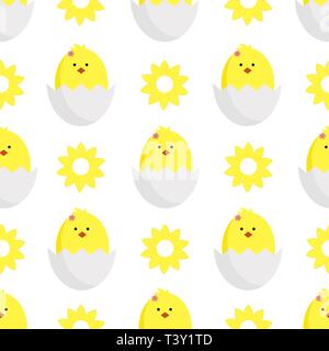 decorating textiles, packaging and wallpapers for children. Seamless vector illustration with daisies,chamomile and chickens on white background. Stock Vector