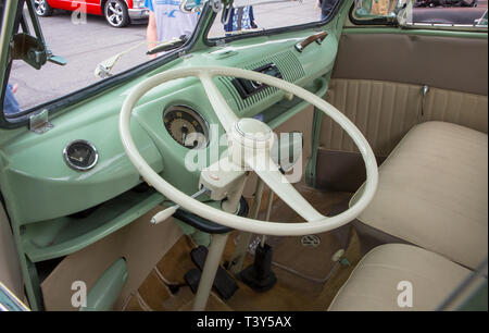 CONCORD, NC (USA) - April 6, 2019:  Interior of a 1964 Volkswagen bus on display at the Pennzoil AutoFair Classic Car Show at Charlotte Motor Speedway Stock Photo