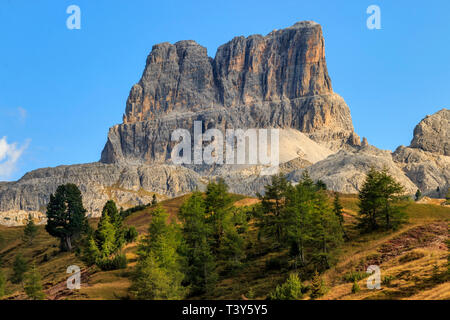 A view of Mount Averau, a peak in the Dolomiti d'Ampezzo mountain range. Taken from the prairies of Falzarego Pass, a high altitude road pass linking  Stock Photo