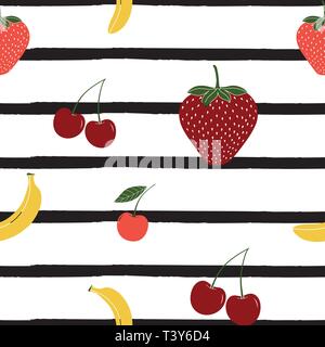 Seamless pattern of multicolor strawberries, cherries, bananas on striped background. Vector illustration Stock Vector