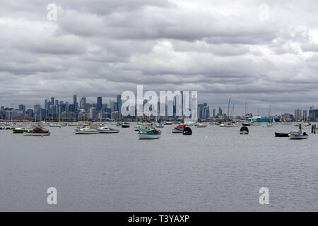 Melbourne city skyline view on a cloudy day from the port of Williamstown, Victoria, Australia. Stock Photo