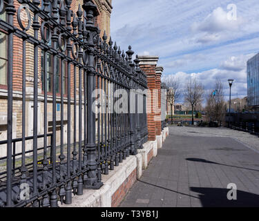 Image of a Beautiful decorative cast iron wrought fence with artistic forging. Metal guardrail close up in Budapest Stock Photo