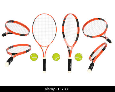 Tennis rackets with yellow balls. 3d rendering illustration isolated on white background Stock Photo