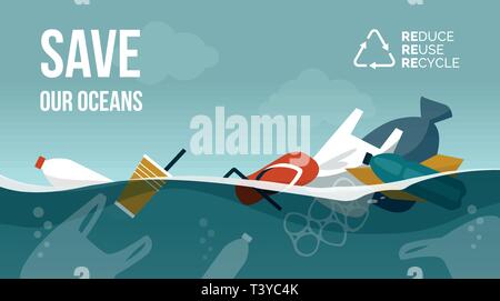 Polluted ocean and plastic waste floating on the surface, motivational environmental protection advertisement Stock Vector