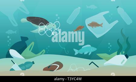 Ocean pollution impact on ecosystem and wildlife animals, sustainability and environmental protection concept Stock Vector