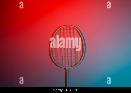 Close up badminton racket on red background Stock Photo