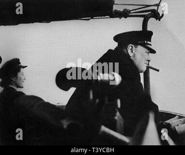 Winston Churchill returning to Britain from Gibraltar on  HMS King George V.  He is accompanied by his daughter Sarah.15th January 1944. Stock Photo