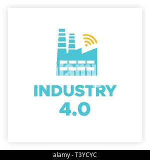 Manufacturing industry 4.0 revolution concept vector illustration. Blue factory icon with wireless symbol and sign INDUSTRY 4.0 Smart technology and automation technology revolution business concept. Stock Vector