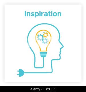 Head silhouette lightbulb inspiration concept vector illustration. Creative thinking graphic with head profile, gear machine and light bulb. Blue human silhouette with orange lightbulb idea concept. Stock Vector