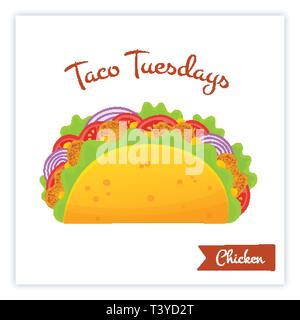 Traditional mexican tacos food banner isolated vector illustration. Spicy delicious vector taco with chicken, onion, green salad and red tomato with big sign Taco Tuesdays for festival or cafe logo Stock Vector