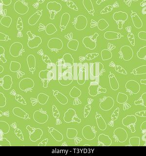 Line vegetable seamless pattern vector flat illustration. Natural food pattern design with contour vegetable seamless texture in green and white color for vintage wallpaper or vegan fabric print. Stock Vector