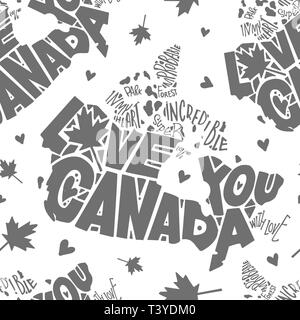 Independence Day of Canada pattern. Love you Canada. Hand-painted. Words are inscribed in the silhouette of the country Canada. Grey on white backgrou Stock Vector