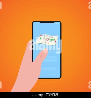 Finger touch of smartphone screen with location map, orange background, vector, illustration, eps file Stock Vector