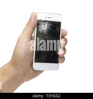 Man holding a Broken Smartphone and touch screen damage broken isolated on a white background. Stock Photo