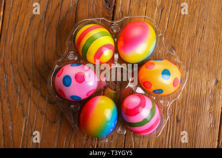 Easter traditions. Compositions with painted Easter eggs. Stock Photo