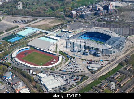 An aerial view of Manchester City Etihad Stadium complex, North West England, UK