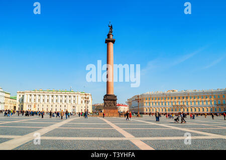 St Petersburg, Russia - April 5, 2019. Alexander Column and historic buildings on the Palace Square. The monument was raised after the Russian victory