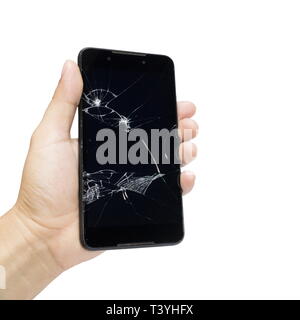Man holding a Broken Smartphone and touch screen damage broken isolated on a white background. Stock Photo