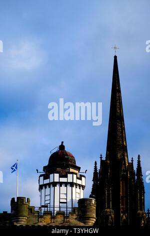 Scotland, Edinburgh, The Royal Mile. The Camera Obscura  with The Hub in the background. Originally known as the Assembly Hall, this historic landmark Stock Photo