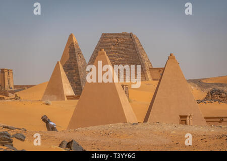 Meroe, Sudan, February 10., 2019: Restored Pyramids of the Black Pharaohs of Meroe in Sudan Stock Photo