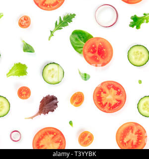 A seamless pattern of fresh vegetables and salad leaves. Tomato, cucumber, onion slices and mezclun leaves repeat print. A vegan background Stock Photo