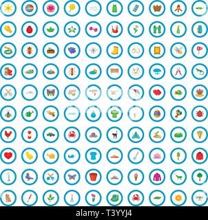 100 spring icons set, cartoon style Stock Vector