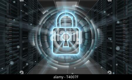 Digital security hologram with padlock on server room - Cyber security or network protection - 3D rendering Stock Photo