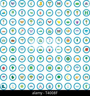 100 spring time icons set, cartoon style Stock Vector