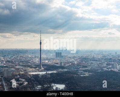 April 7, 2019, Moscow.  Aerial view of the to the north of Moscow, on the left Ostankino television tower, at the background Moscow International IBC. Stock Photo