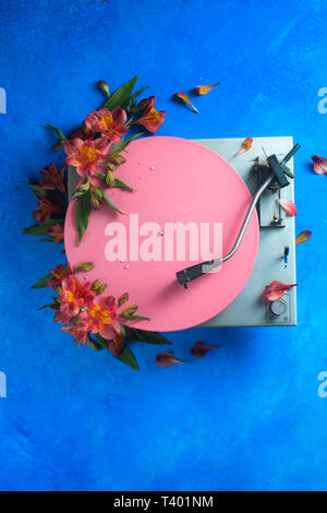 Pink color block flat lay with colorful vinyl record player and flowers. Spring music still life concept on a blue background with copy space Stock Photo