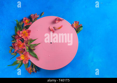 Pink vinyl record with flowers. Color blocking flat lay concept. Musical floral still life on a blue background with copy space Stock Photo