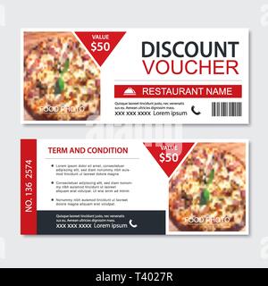 Discount gift voucher fast food template design. Pizza set. Use for coupon, banner, flyer, sale, promotion. Stock Vector