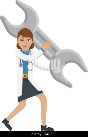 Doctor Woman Holding Spanner Wrench Mascot Concept Stock Vector