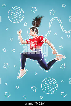 Zero gravity in outter space. Dreaming about cosmonaut profession or travel the cosmos. Young woman in drawing imaginary spacesuit against blue background. Concept of childhood and dreams. Stock Photo