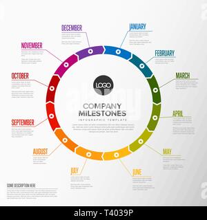 Full year circular timeline template with all months on a big circle time line Stock Vector