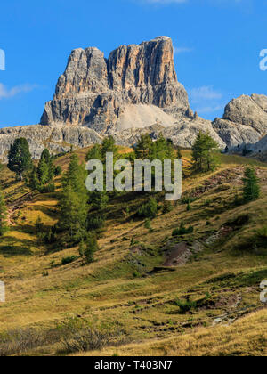 A view of Mount Averau, a peak in the Dolomiti d'Ampezzo mountain range. Taken from the prairies of Falzarego Pass, a high altitude road pass linking  Stock Photo