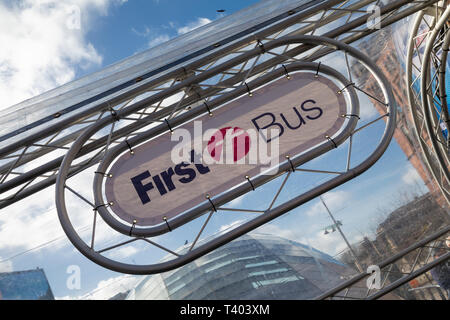 First Bus logo at the new 77 bus launch in Glasgow Stock Photo