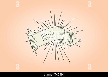 hello welocoming banner flag. Ribbon flag greeting card in vintage look with word hello, engraving style graphic. Retro design element. Vector Illustr Stock Vector