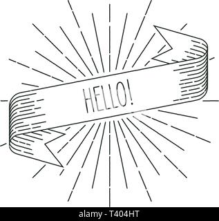 Hello banner. Ribbon banner greeting card in vintage look with word hello, engraving style graphic. Retro design element. Vector Illustration. Stock Vector