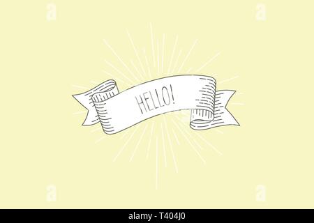 Hello banner. Ribbon banner greeting card in vintage look with word hello, engraving style graphic. Retro design element. Vector Illustration. Stock Vector