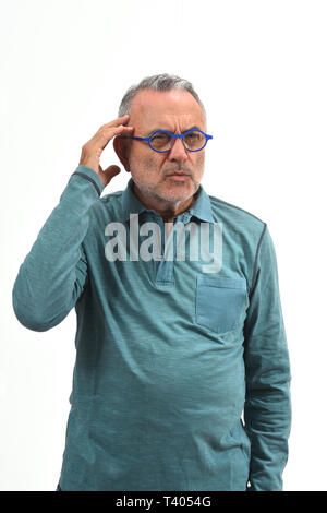 man having a doubt or question on white background Stock Photo