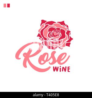 Rose wine lettering color vector illustration. Flower paint drawing. Handwritten calligraphy. Pink rosebud hand drawn clipart on brown background. Poster, banner, greeting card floral design element Stock Vector