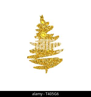 Christmas tree golden glitter vector silhouette. Glowing dust and sparkles texture. New year, Xmas festive clipart. Shiny fir tree glitter brushstrokes. Greeting card, poster isolated design element Stock Vector