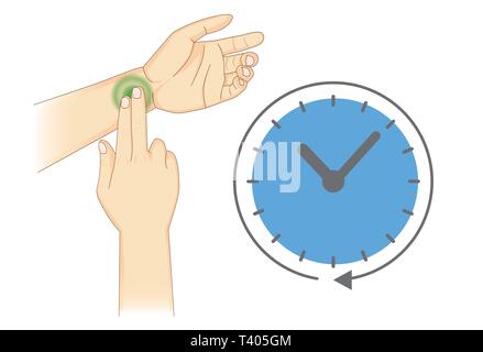 Doing use two fingers to check radial Pulse with time icon. Stock Vector